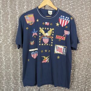 Vintage India Inks Paintworks Embellished Navy‎ Blue Patriotic USA T-Shirt OS